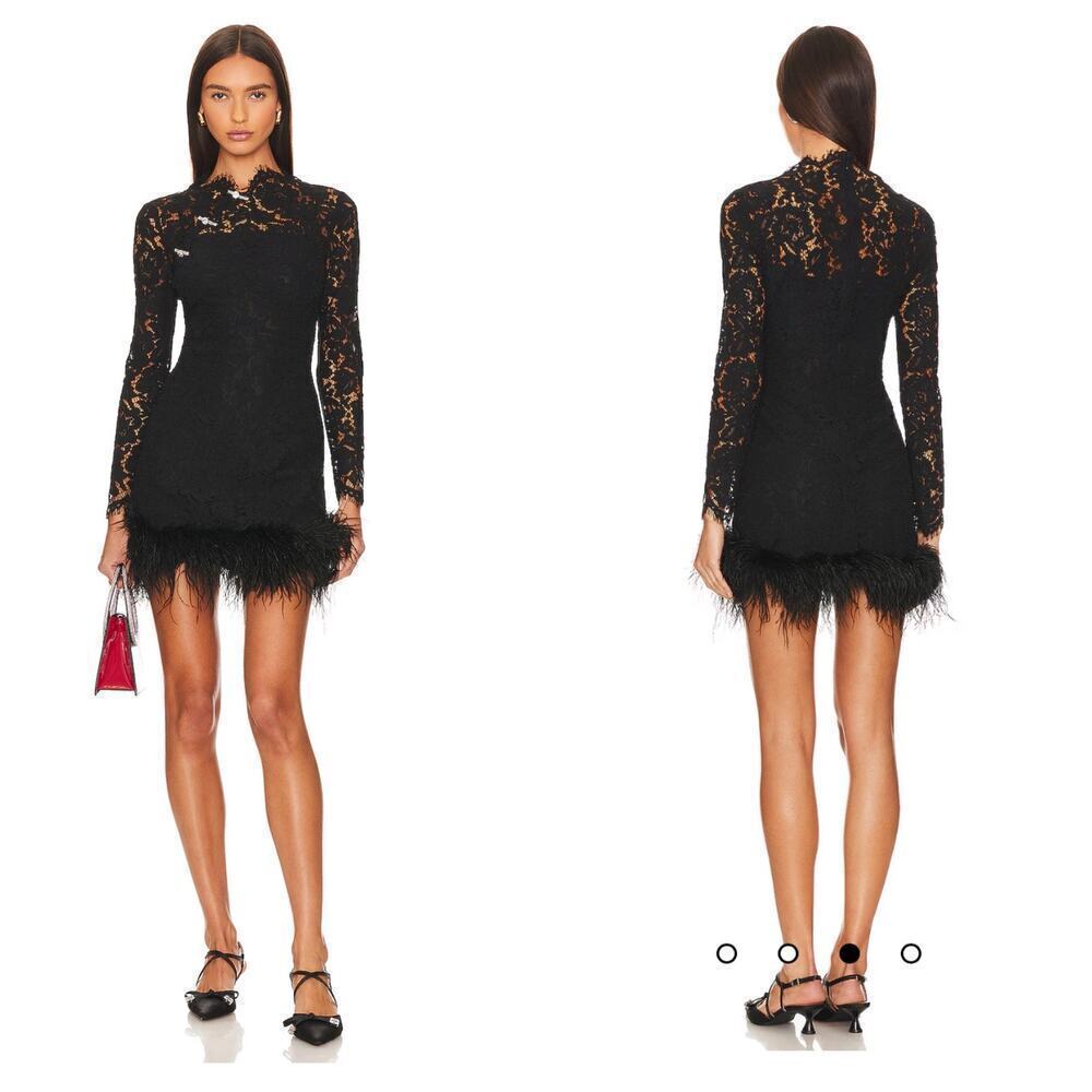 Sau Lee Mara Long Sleeve Ostrich Feather Trim Lace Minidress Black Size 0 NWT